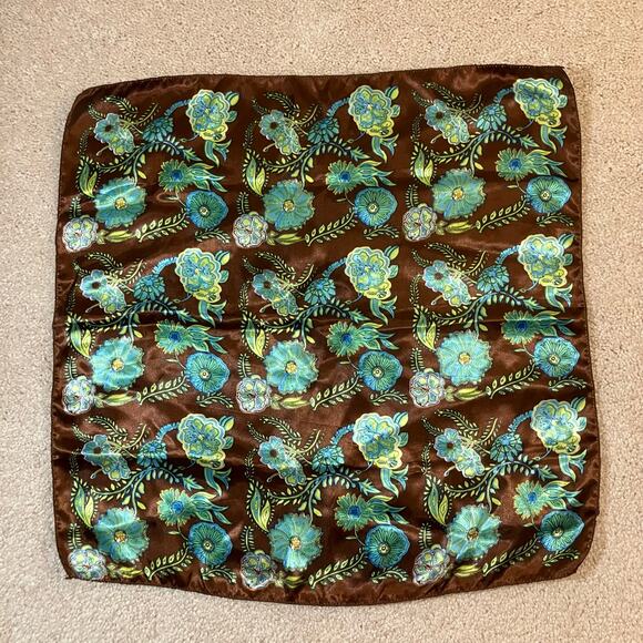 Brown and blue green floral satin square scarf neckerchief, bohemian boho chic - Picture 2 of 9